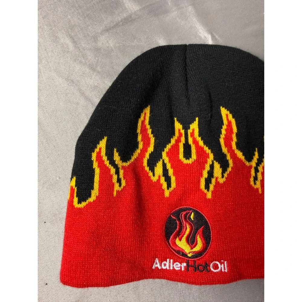 Adler Hot Oil Flame Knit Beanie Hat Black Red Yellow Embroidered Logo One Size